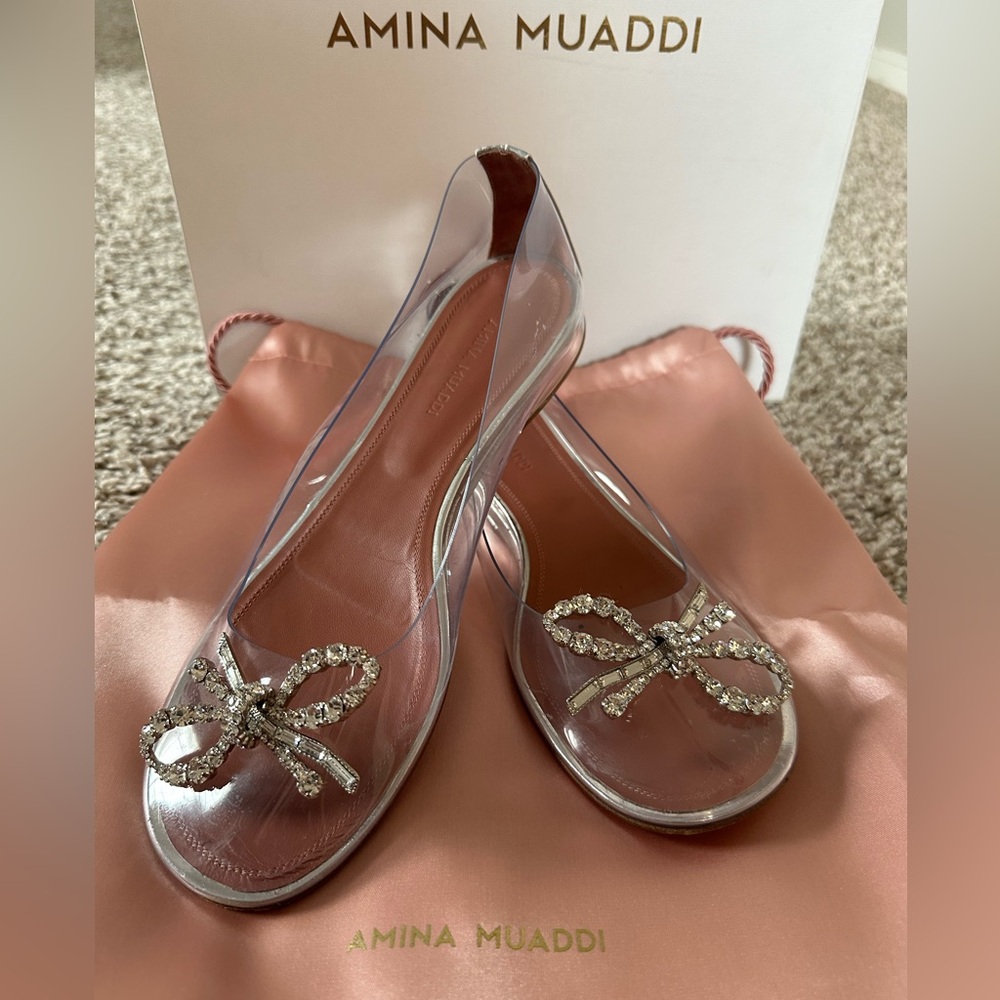 Authentic Amina Muaddi Betty Glass Flat with Crystal Bow